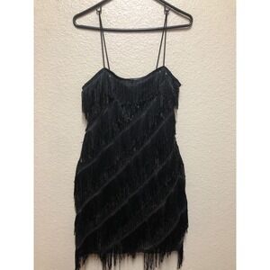 Forever 21 Black Sequin Fringe Flapper Mini Dress Spaghetti Strap Womens Medium